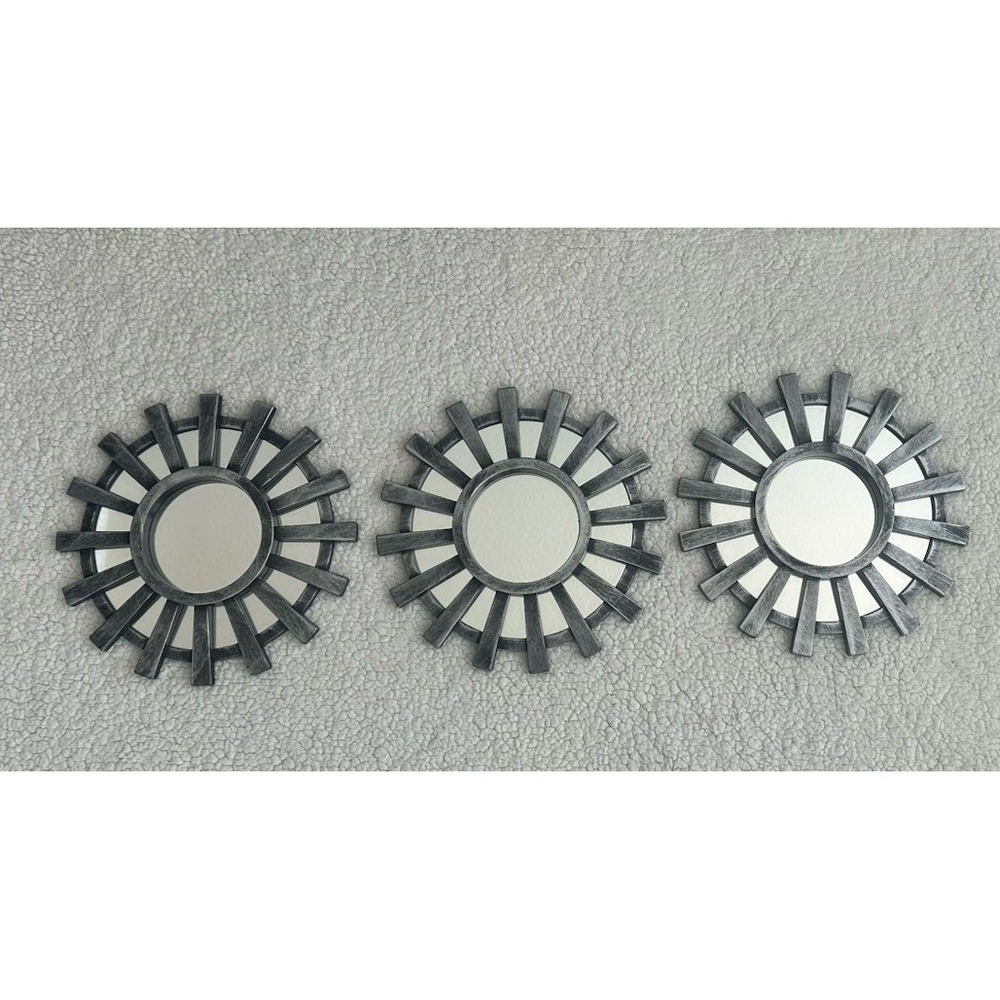 Set Of 3 Sunburst Framed Accent Wall Mirrors Brushed Silver & Black Decor Mirror